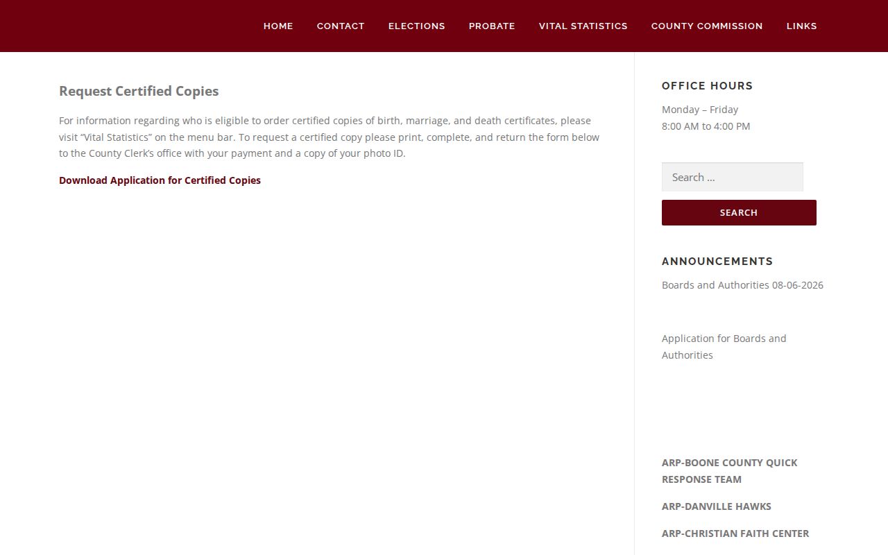 Boone County certified record request entry point