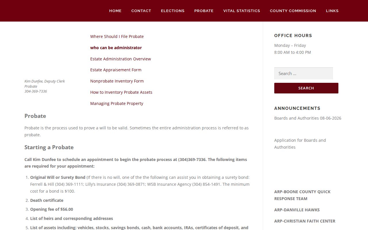Boone County probate record checklist and fees